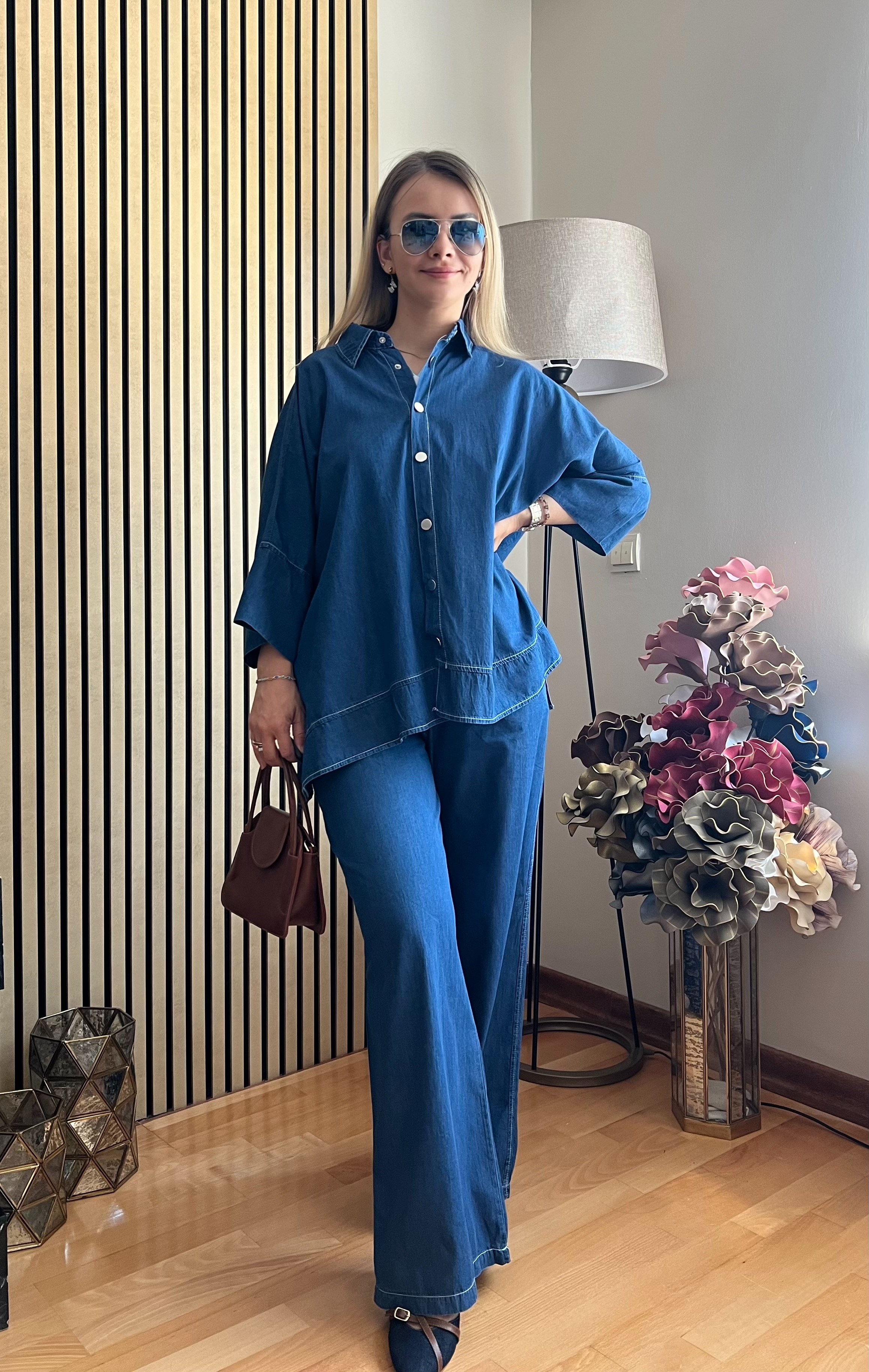 Cardella Lina Oversize TNCL Takım - Tesettür Uyumlu Gömlek ve Bol Paça Pantolon Takım