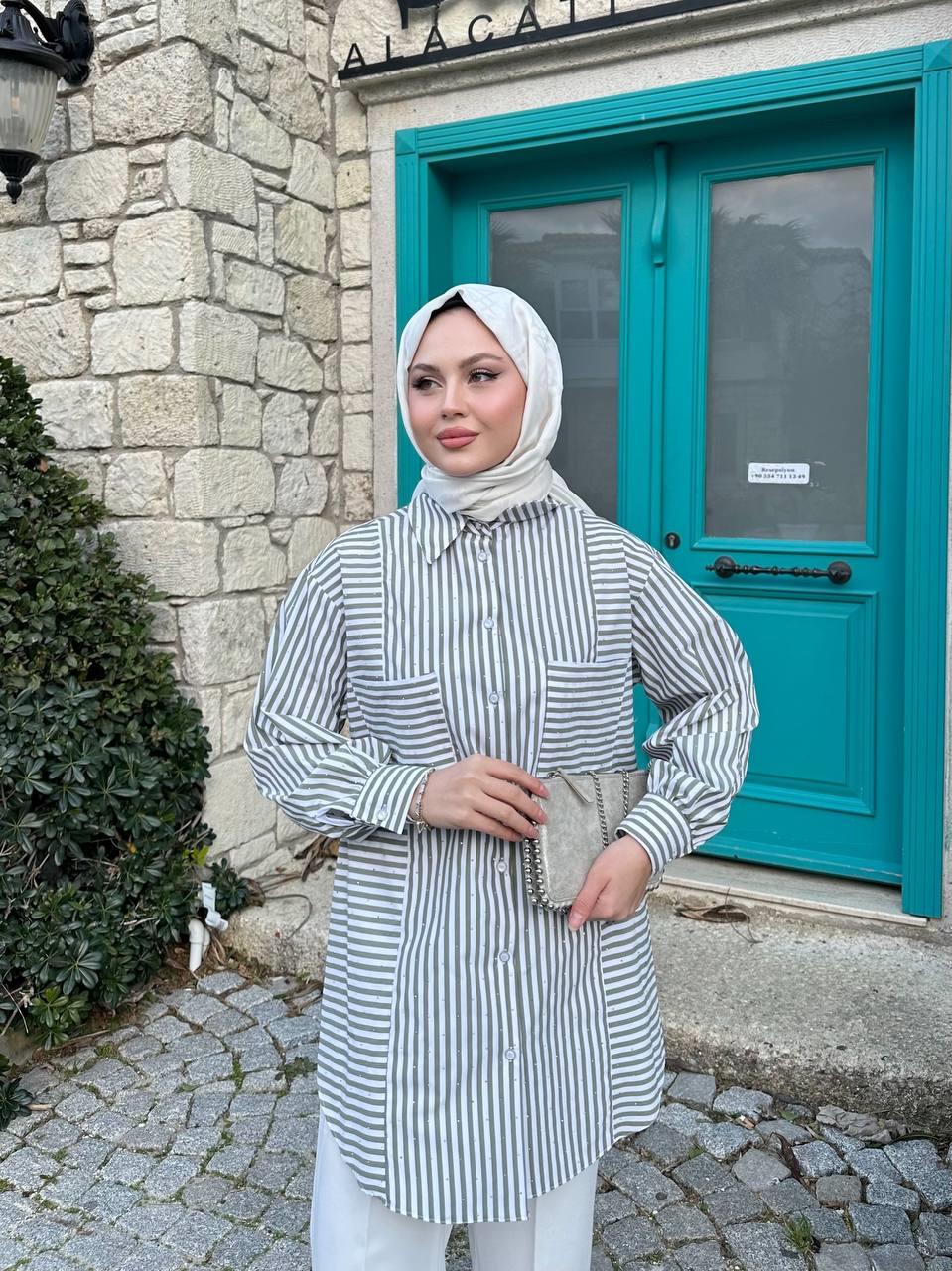 Kadın Oversize Pırıltılı Taş Detaylı Tunik Gömlek