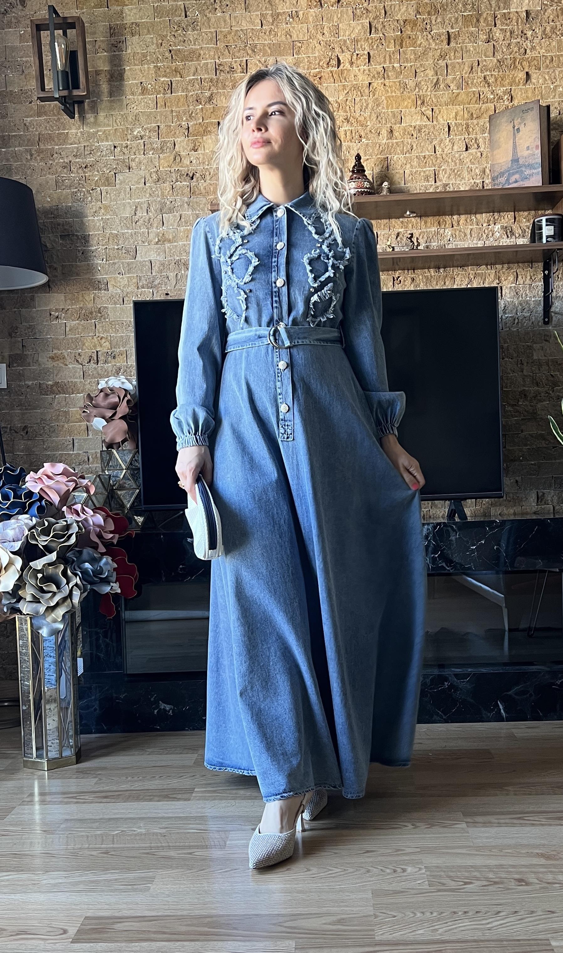Kot Elbise Tesettür Uyumlu Denim Elbise