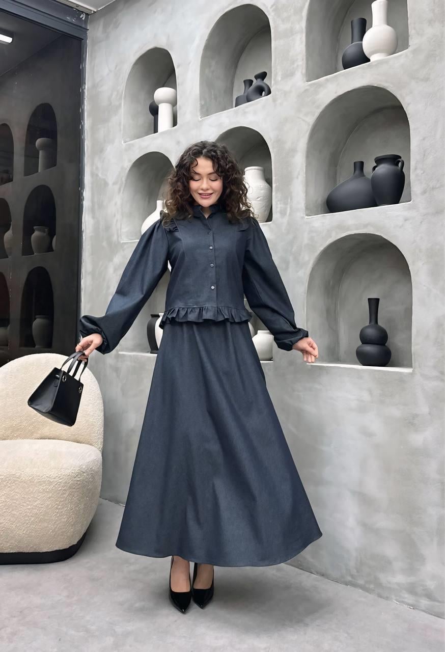 Mirella Yazlık İnce Likralı Denim Ceket Etek Takım – Tesettür Uyumlu Zarif Kadın İkili Takım
