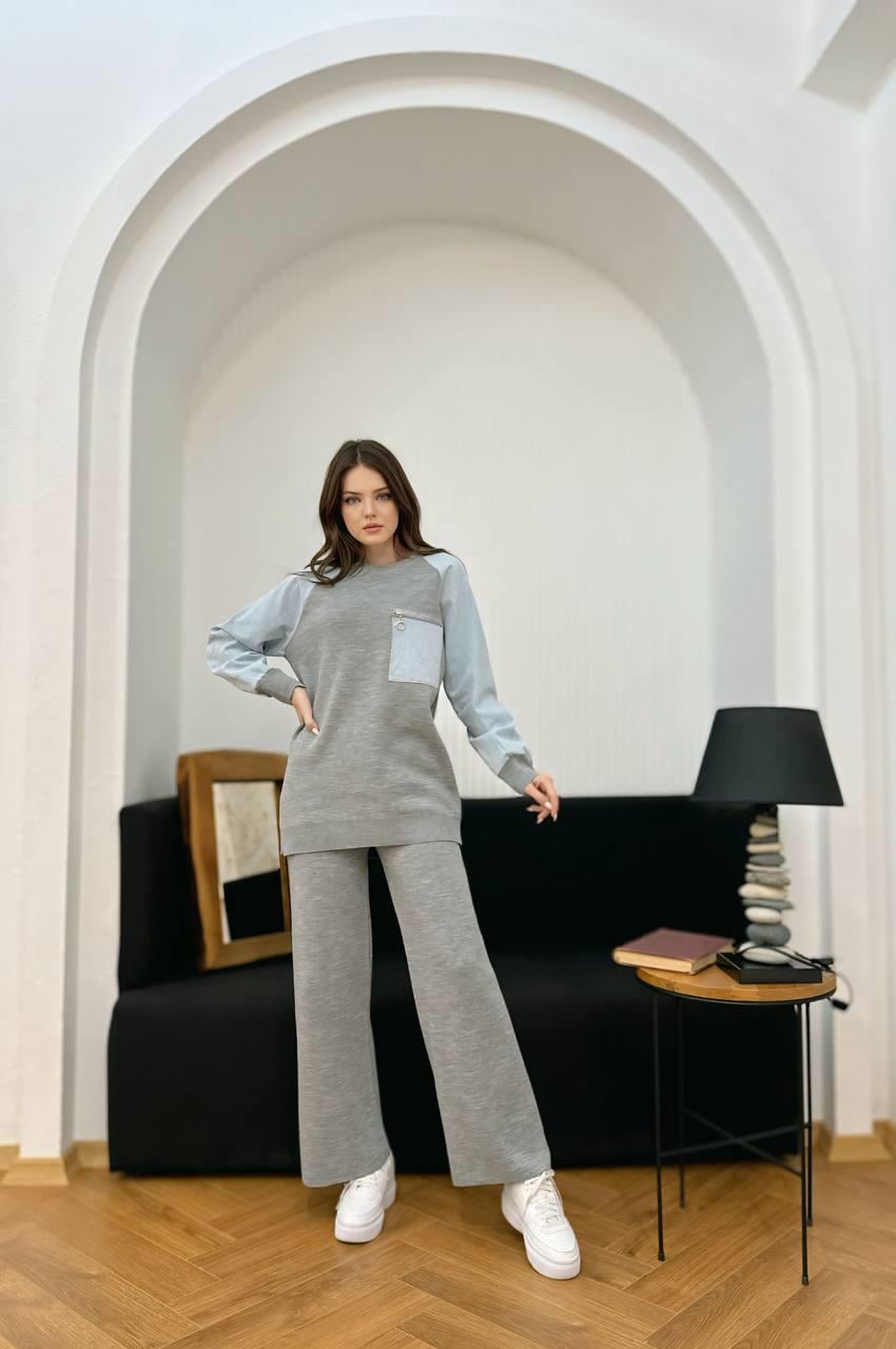 Premium Denim Cep ve Kol Detaylı Pantolonlu Triko İkili Takım