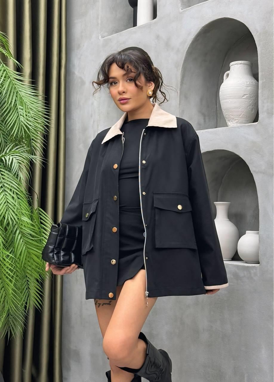 Premium Kalite Kadife Yaka Muadil Oversize Kadın Ceket Trençkot Tesettür Uyumlu