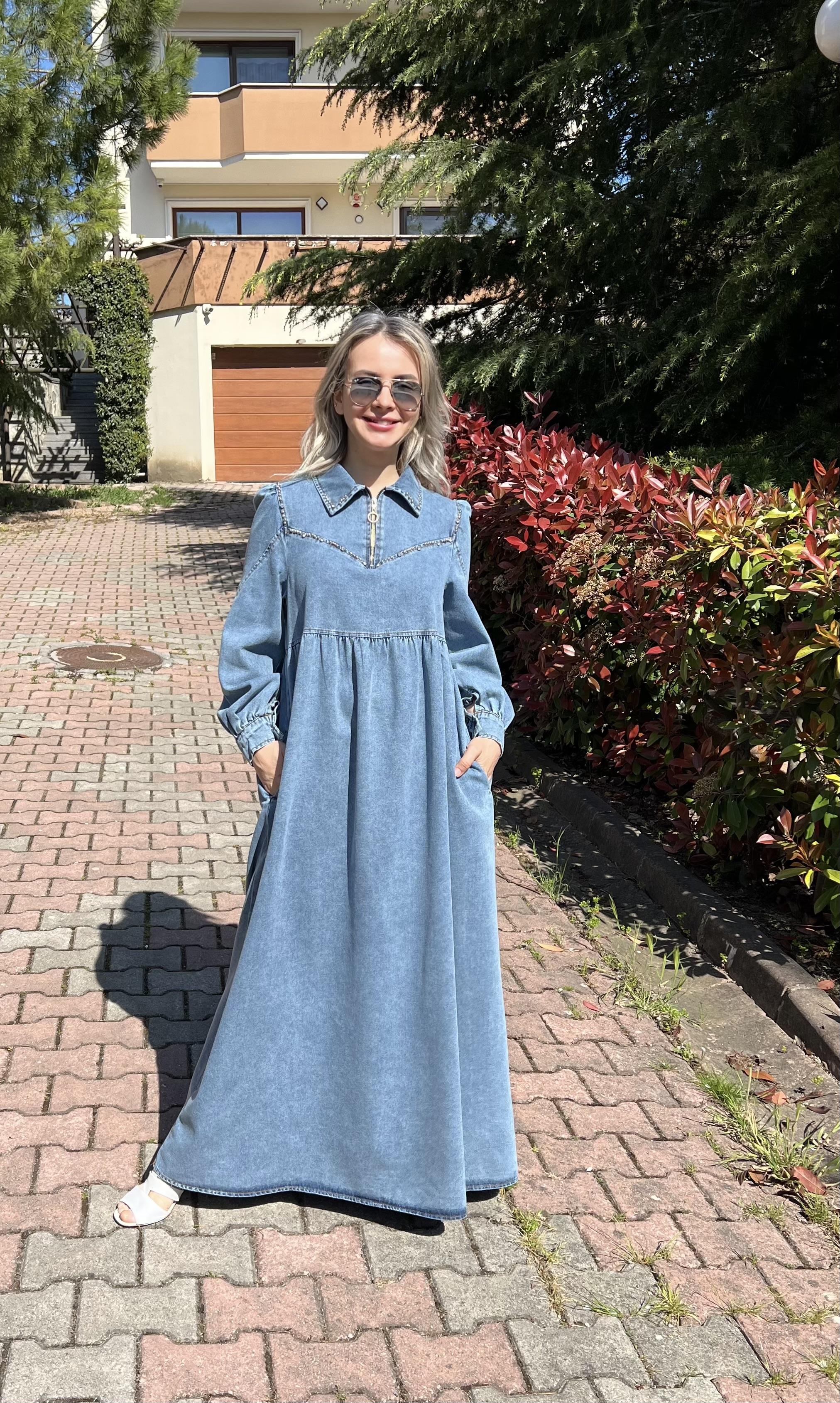 Premium Kalite Taş Süslemeli Yazlık Denim Kot Elbise Tesettür Jean Elbise 140 cm