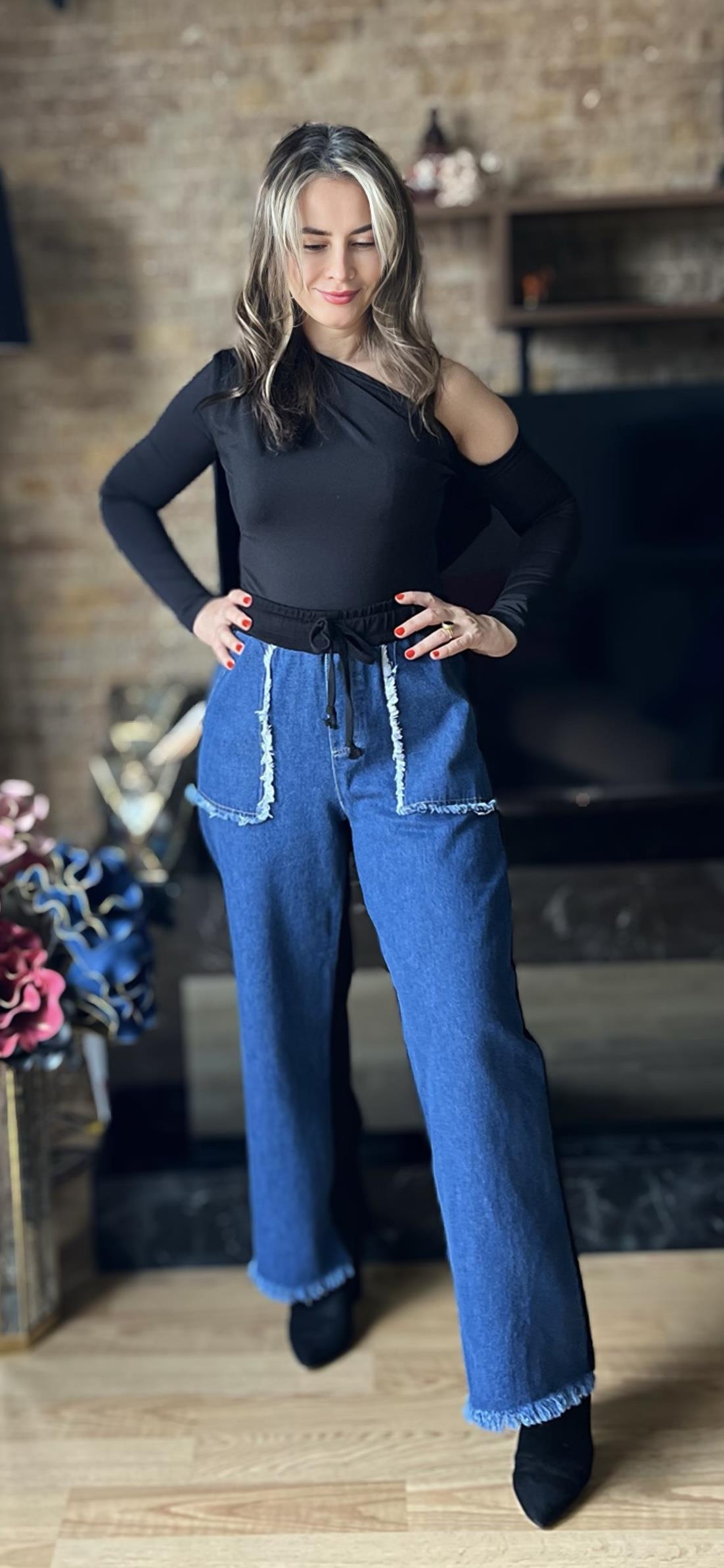 Premium Kalite Yarasa Cep Denim Detaylı Tasarım Geniş Paça Pantolon