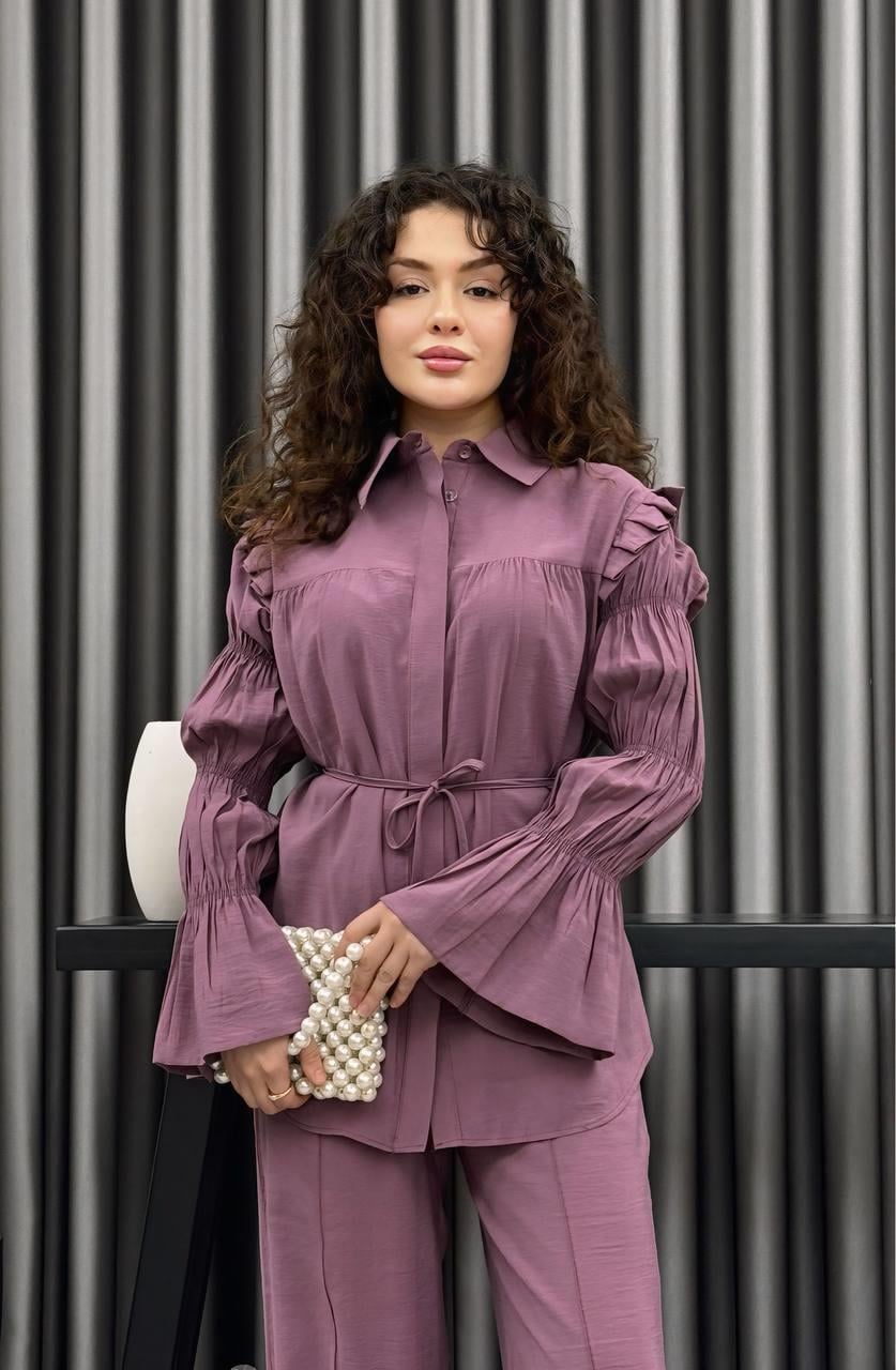 Serena Yazlık Tnsl Kumaş Büzgü Detaylı Gömlek Pantolon Takım – Kuşaklı Rahat Kesim Tesettür Uyumlu Alt Üst Takım