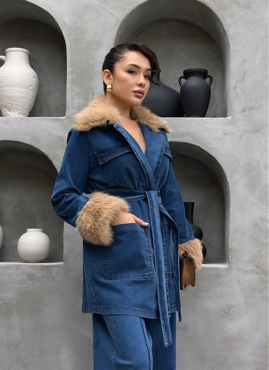 Yaka ve Kolda Kürk Detaylı Denim İkili Takım | Pantolon Ceket Kadın Kot Takım