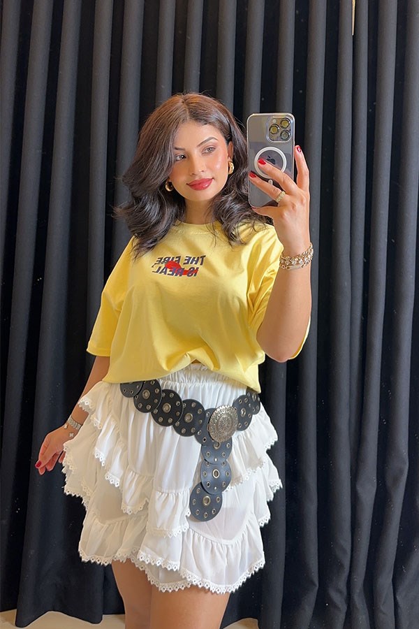 %100 Pamuk Ön ve Arkas Baskılı Oversize Sarı Tshirt
