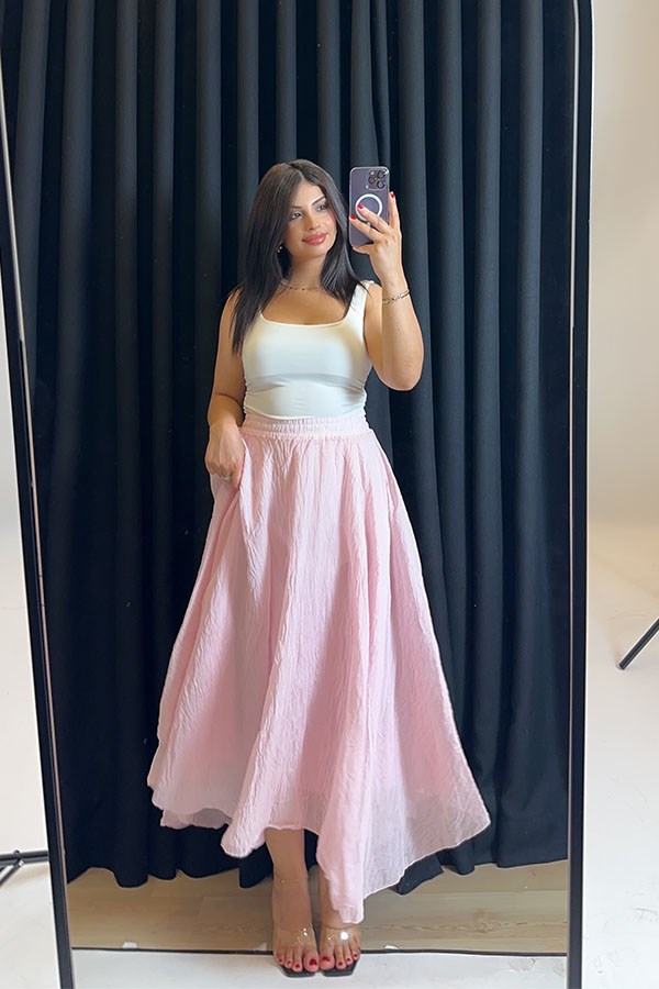 Beli Lastikli Astarlı Volanlı Etek - Pembe