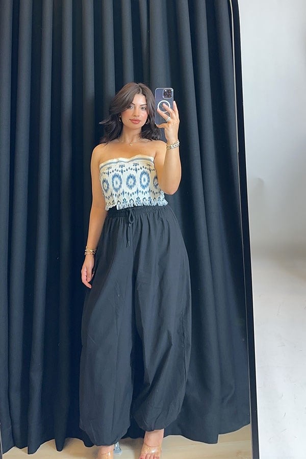 Beli ve Paçası Lastikli Poplin Kumaş Şalvar Pantolon