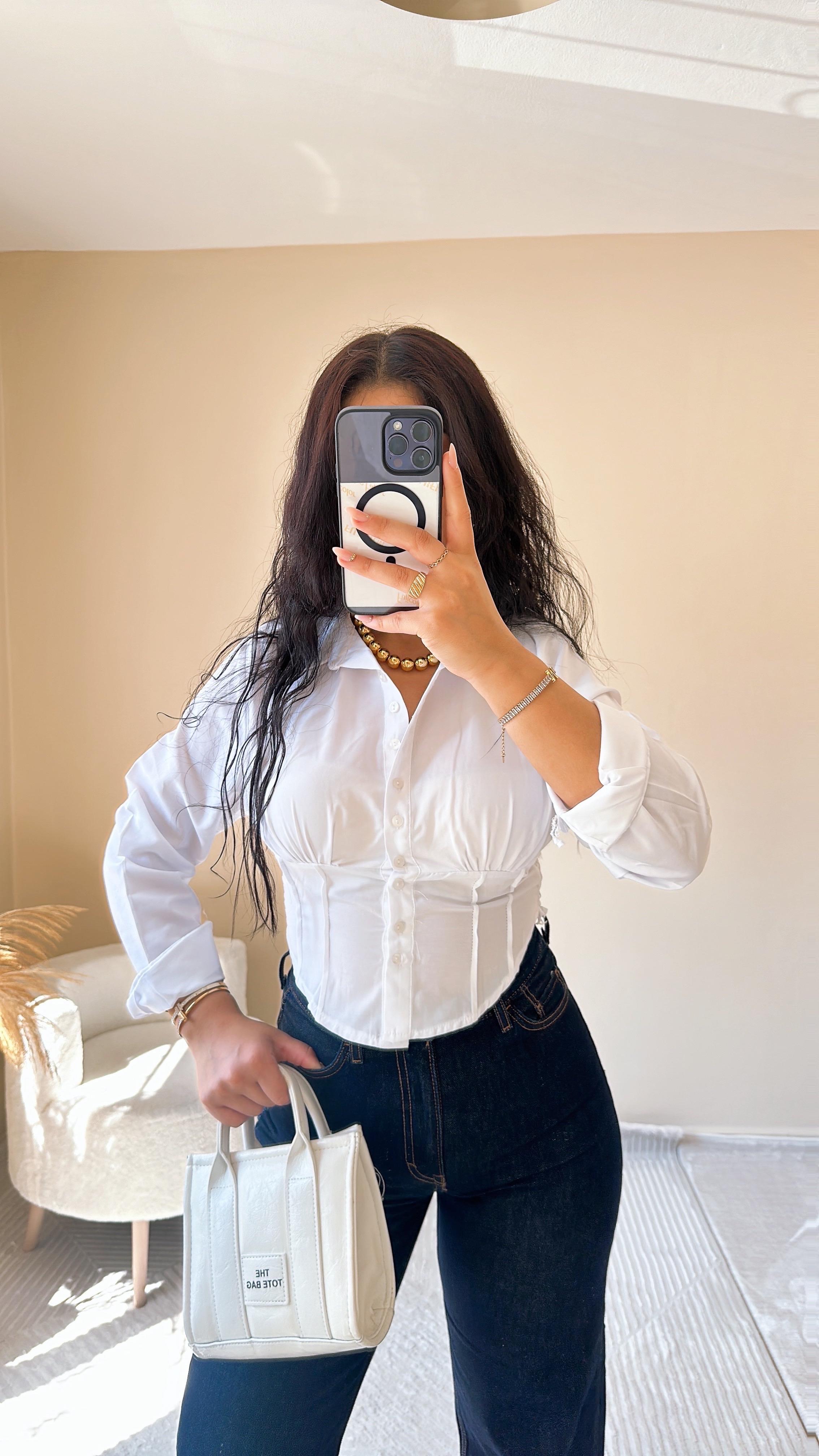 Blouse Korse Detaylı Beyaz Gömlek