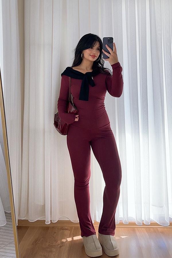 Bordo İspanyol Paça Tayt Pantolon