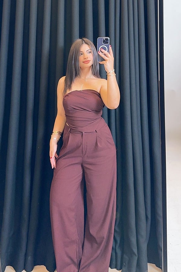 Bordo Straplez Crop Pantolon Takım