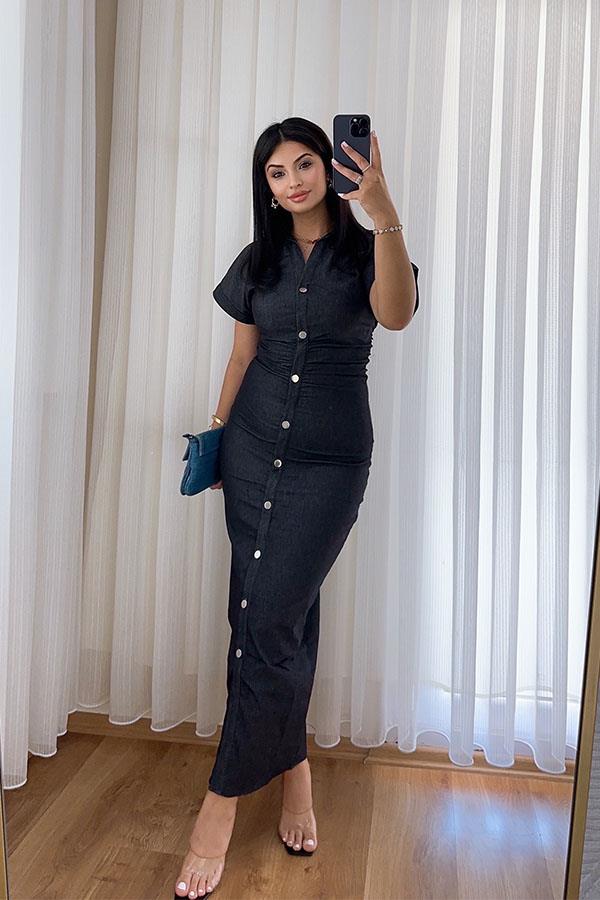 Drapeli Tasarım Denim Midi Elbise