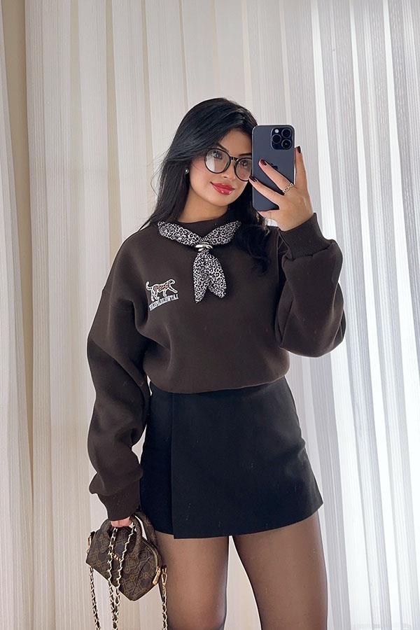 Fular Detaylı Leopar Nakışlı 3 İplik Şardonlu Sweatshirt