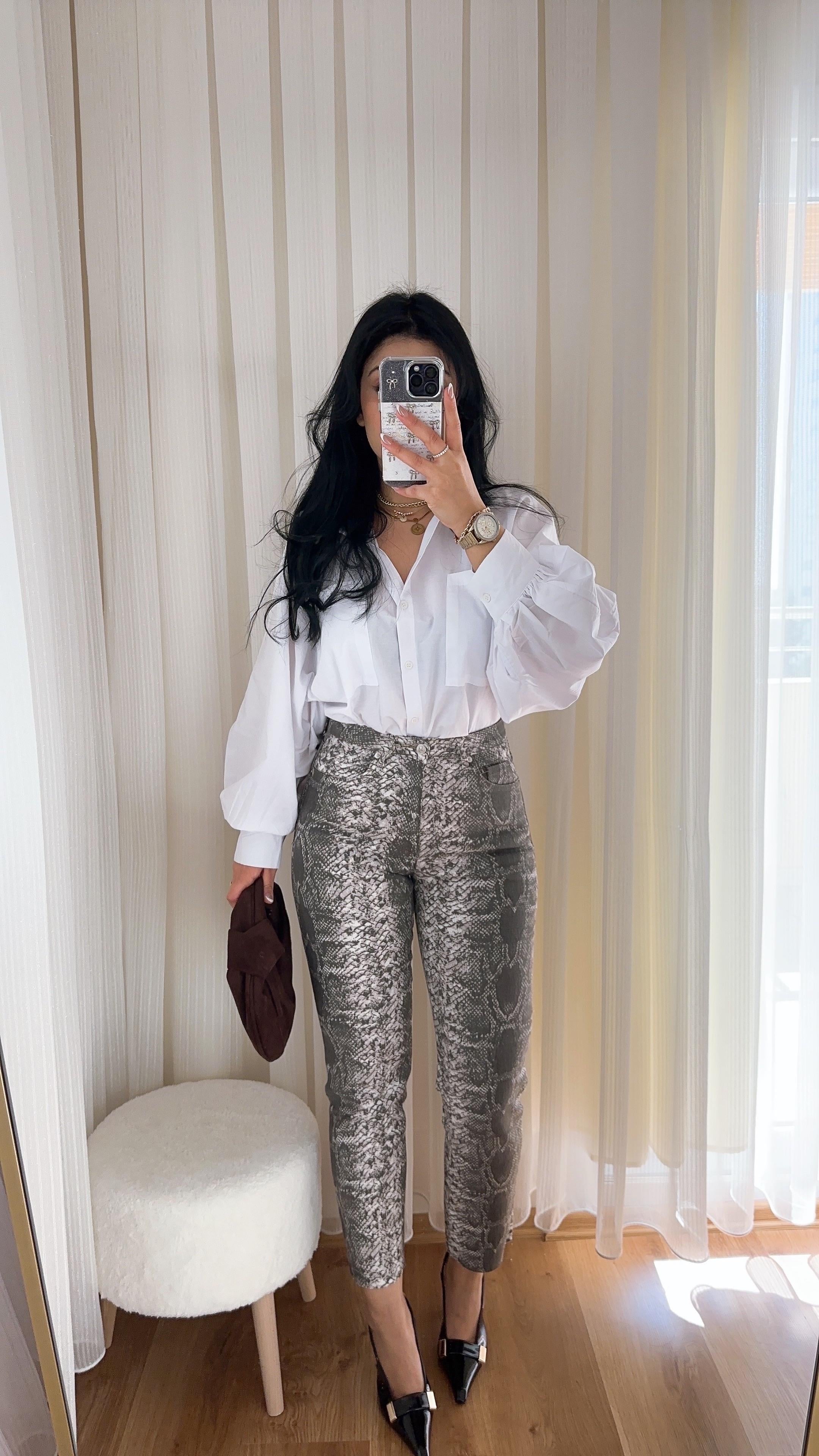 Jolla Yılan Desen Flare Jean