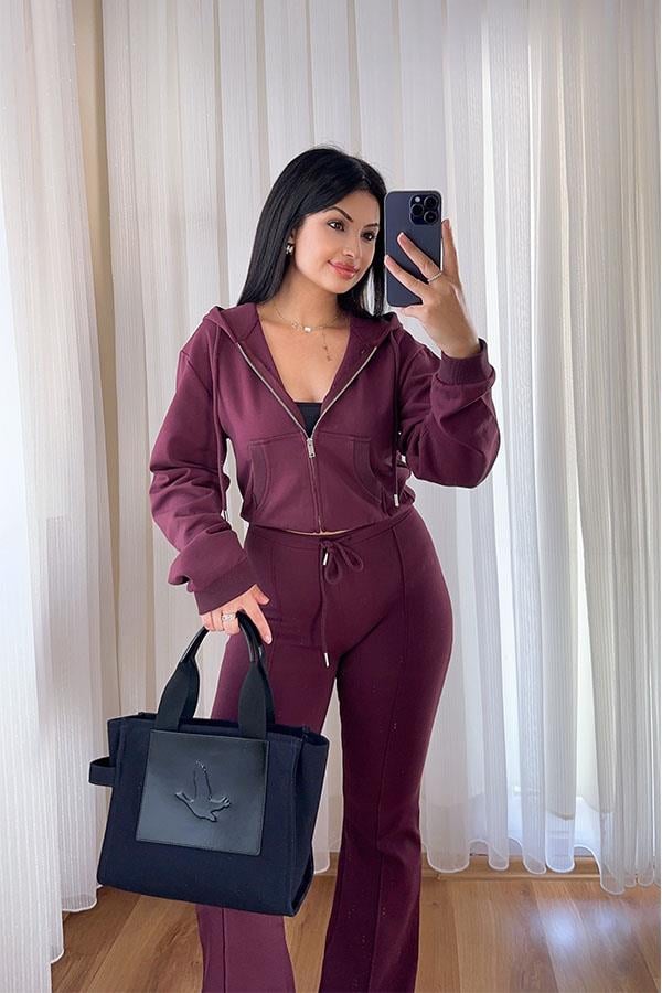 Kapüşonlu Fermuarlı Basic Sweatshirt - Bordo
