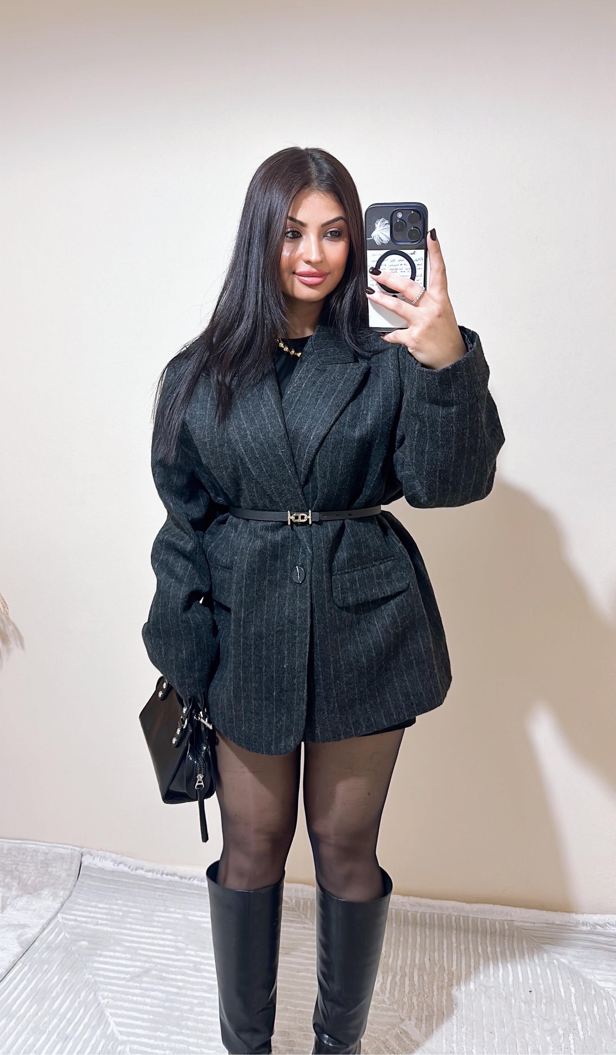 Laria Çizgili Oversize Kaşe Ceket