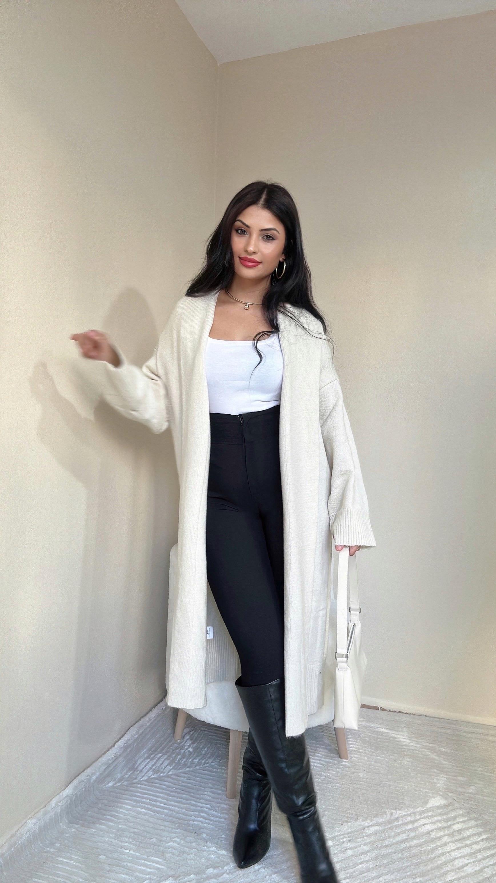Lena Yakalı Uzun Hırka - Krem