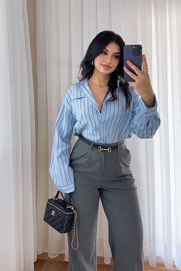 Mavi Çizgili Oversize Gömlek