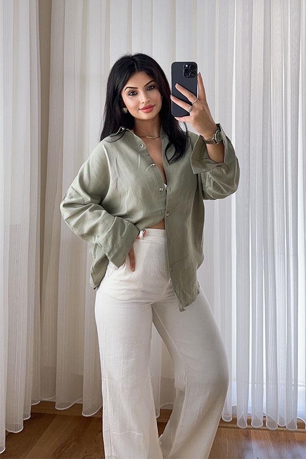 Mint Yeşil Keten Oversize Gömlek