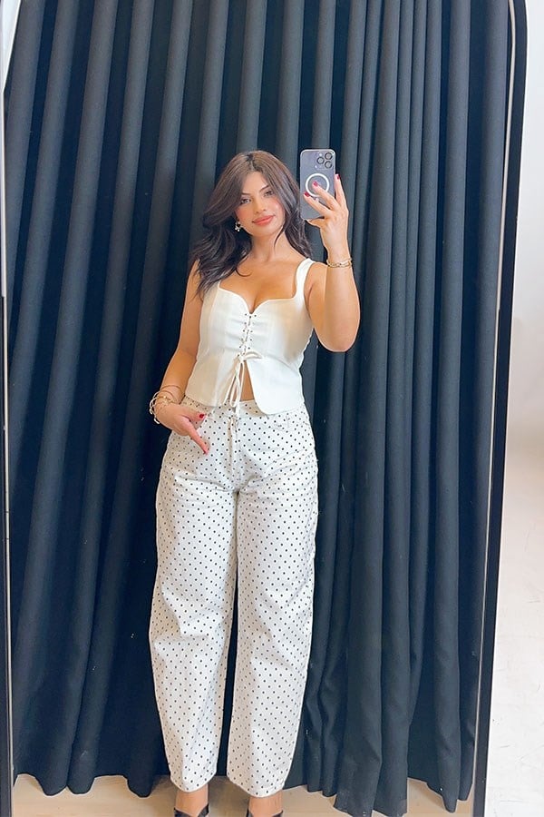 Puantiyeli Yüksek Bel Denim Pantolon