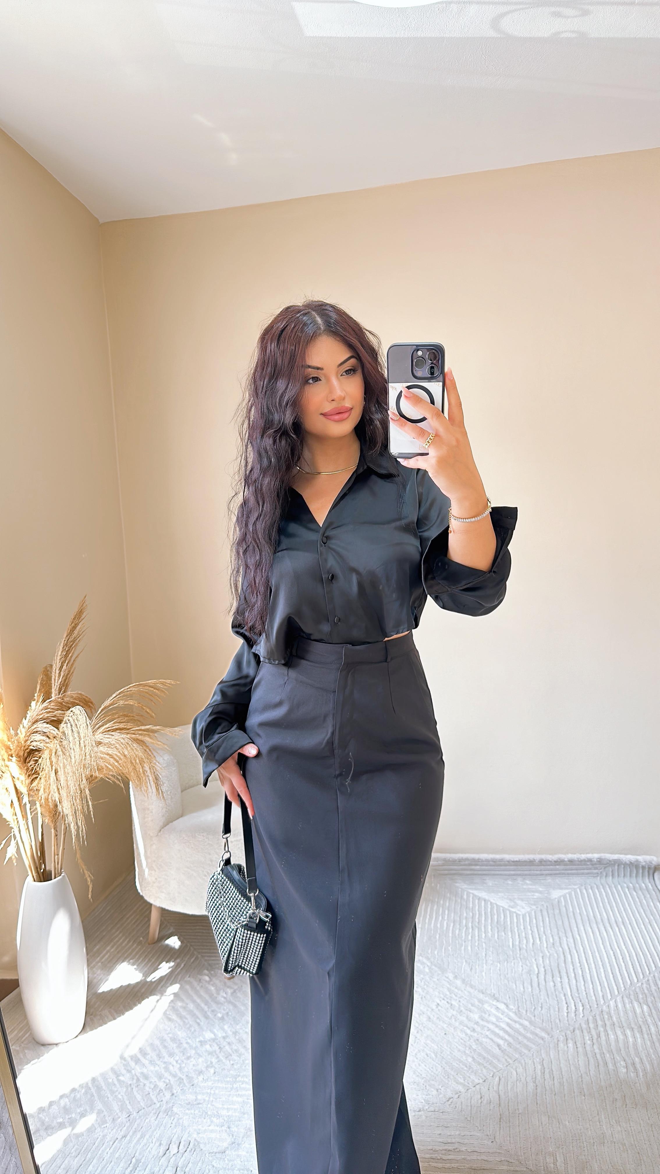 Selina Saten Crop Gömlek - Siyah
