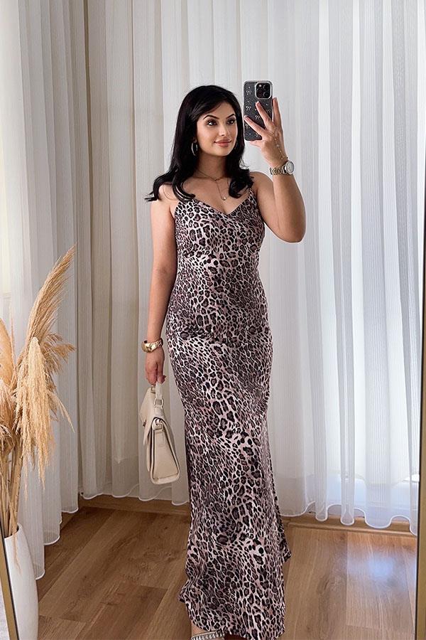 V yaka Leopar Maxi Elbise