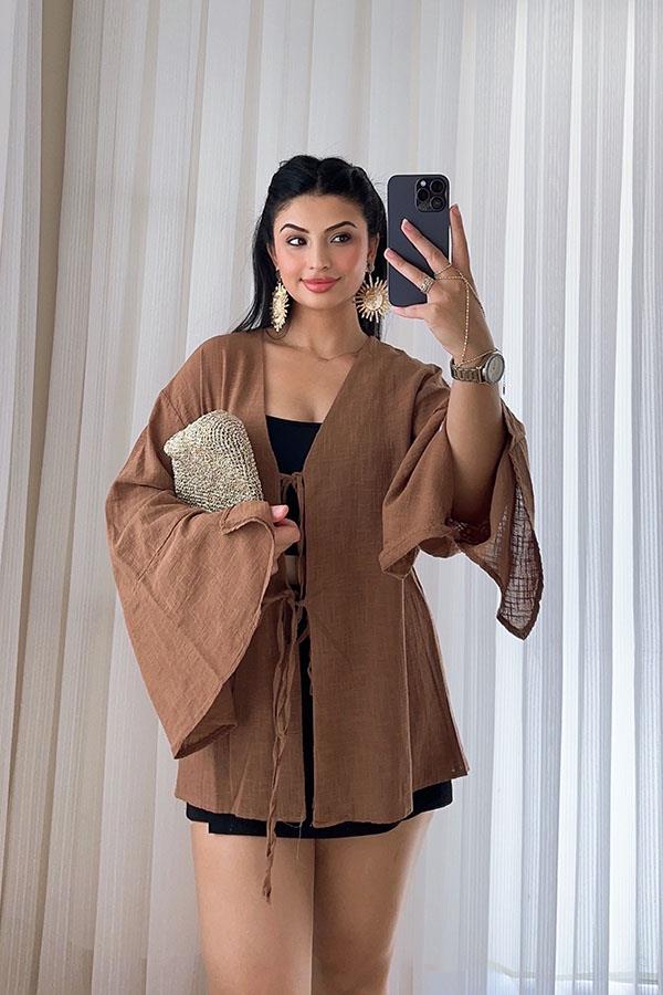 Yarasa Kol Keten Kimono - Kahve