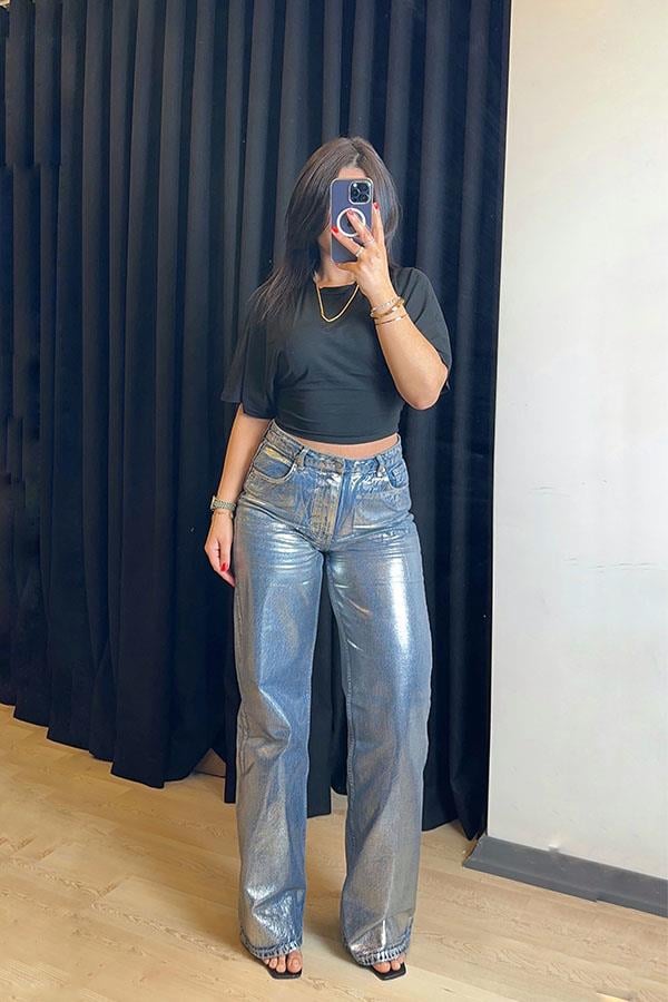 Yüksek Bel Geniş Paça Simli Parlak Jean
