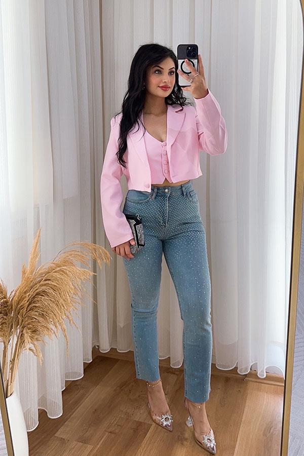 Yüksek Bel Taş Detaylı Mom Jean