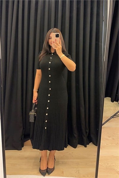 Polo Yaka Düğmeli Triko Midi Elbise