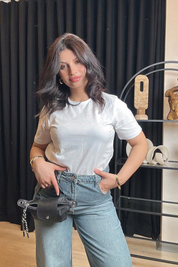 %100 Pamuk Bisiklet Yaka Tshirt - Beyaz