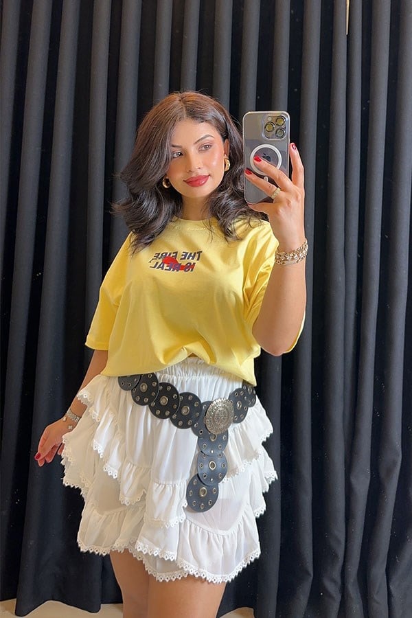 %100 Pamuk Ön ve Arkas Baskılı Oversize Sarı Tshirt