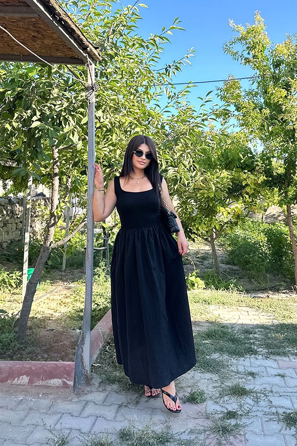 Beli Lastikli Poplin Etekli Elbise 