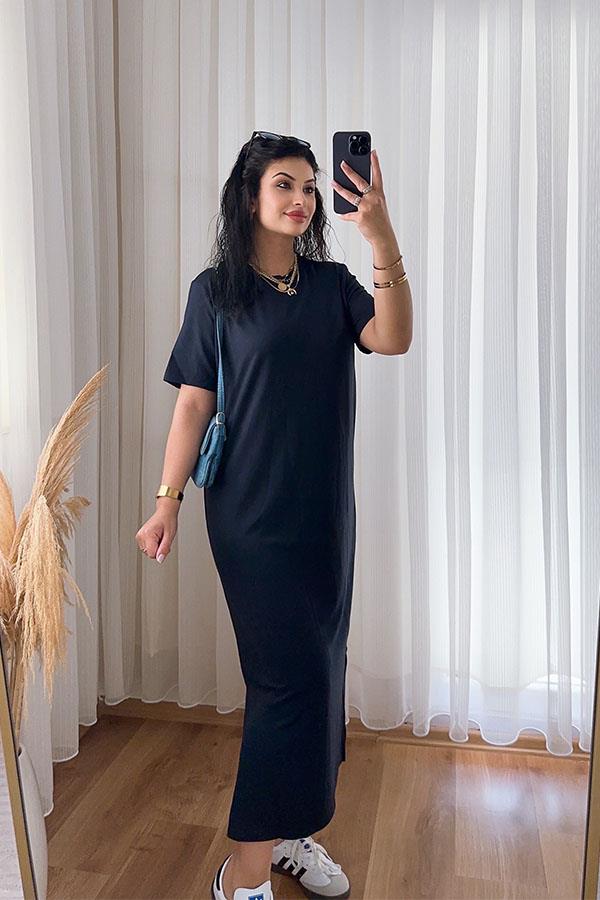 Bisiklet Yaka Yarım Kol Modal Lacivert Elbise