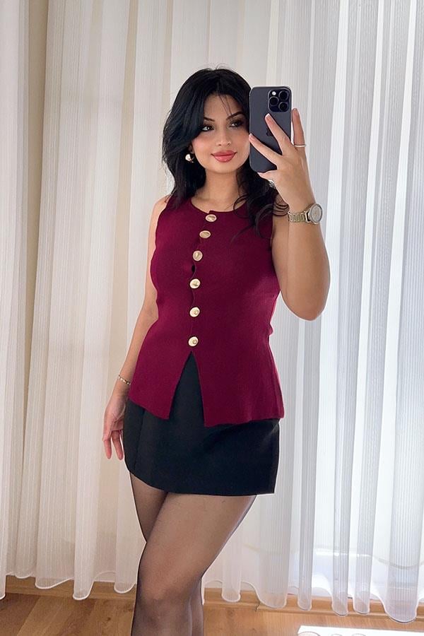 Bordo Gold Düğmeli Triko Yelek
