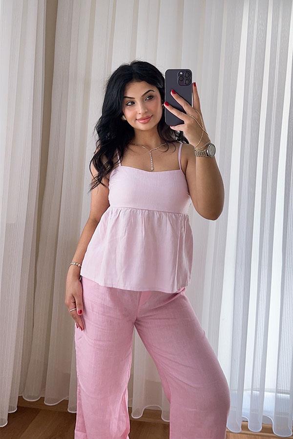 İp Askılı Keten Bluz - Pembe