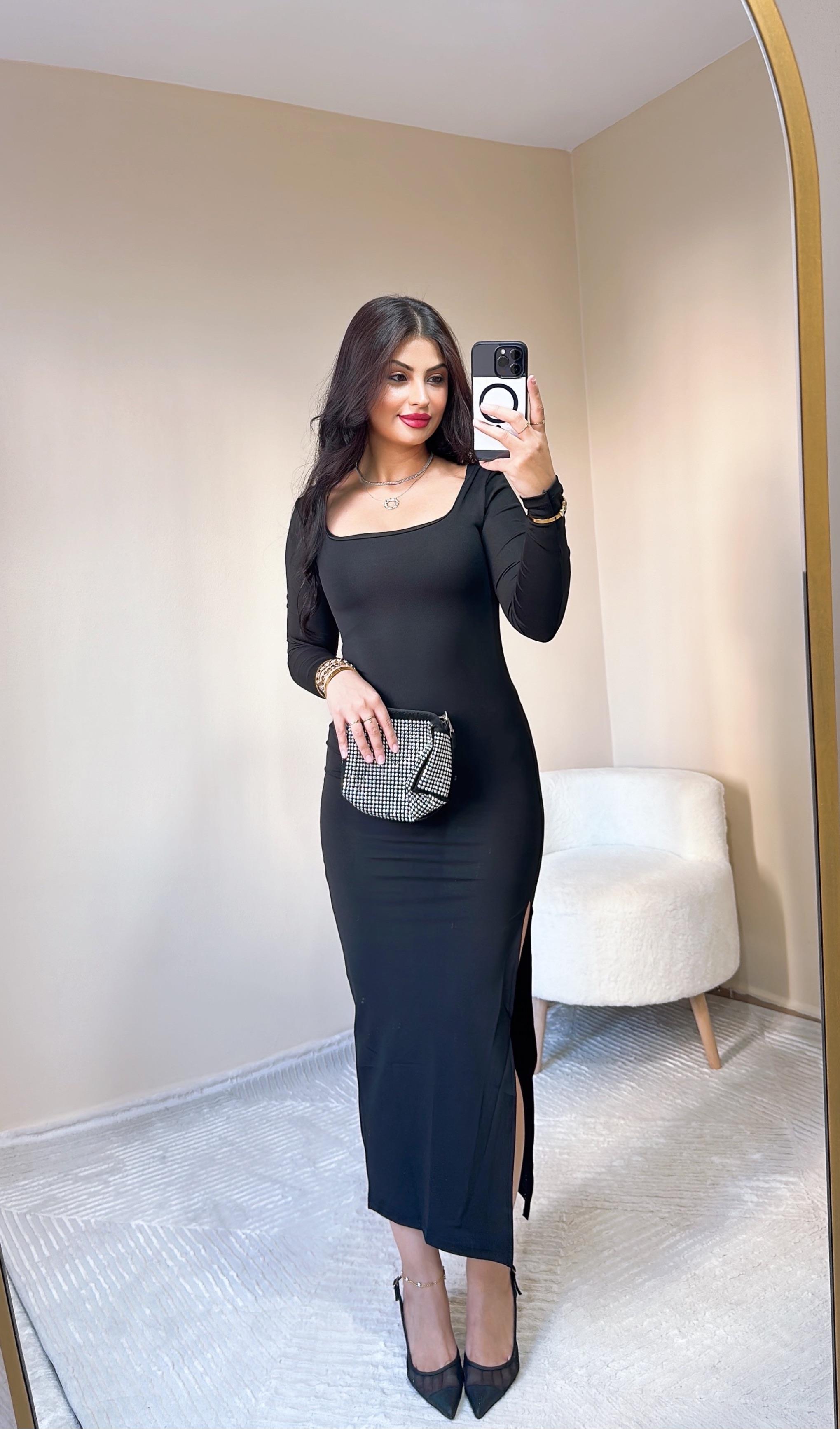 İsabella Kare Yaka Elbise - Siyah