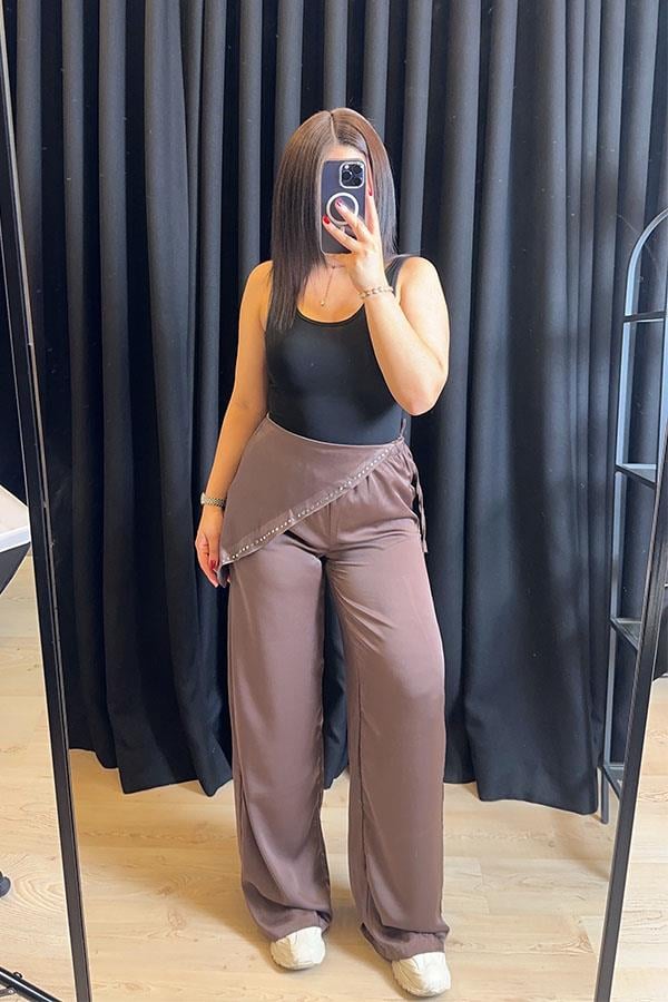 Kahve Bandana Detaylı Saten Pantolon