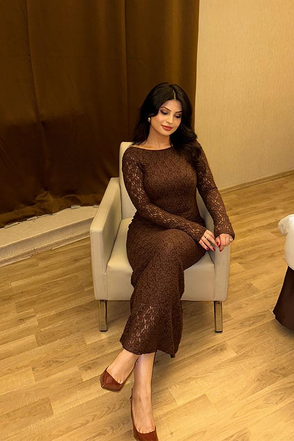 Kahve Dantel Detaylı Maxi Elbise 