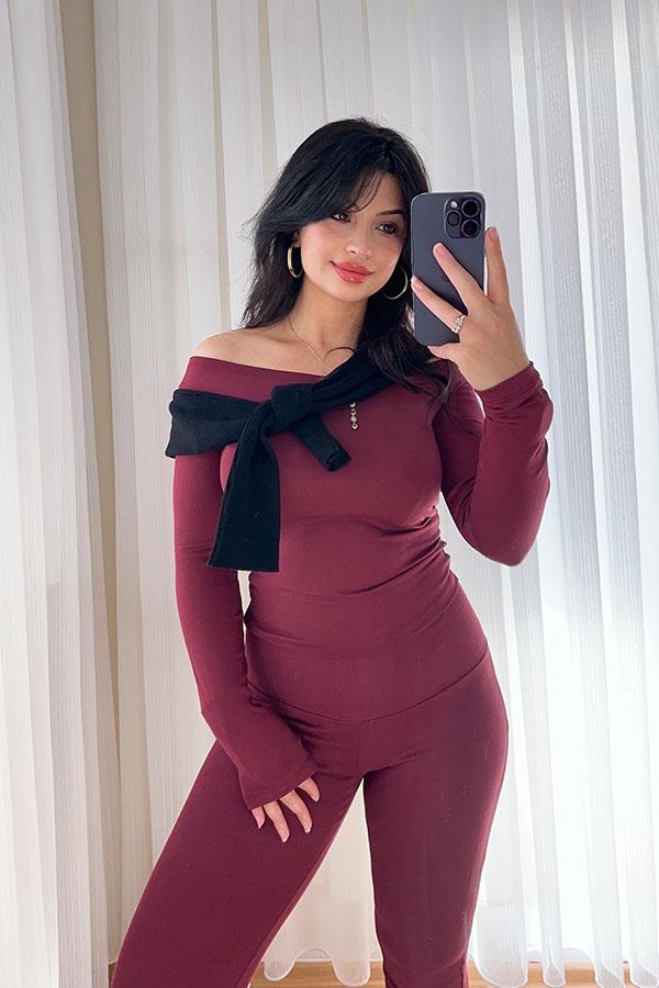 Kayık Yaka Transparan Basic Bluz - Bordo