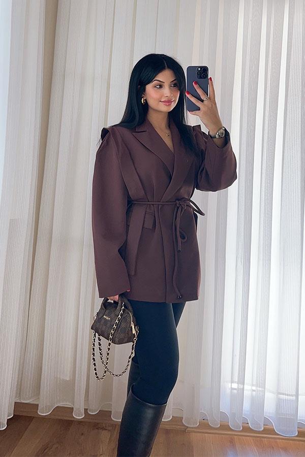 Kuşaklı Tasarım Blazer Ceket - Acı Kahve