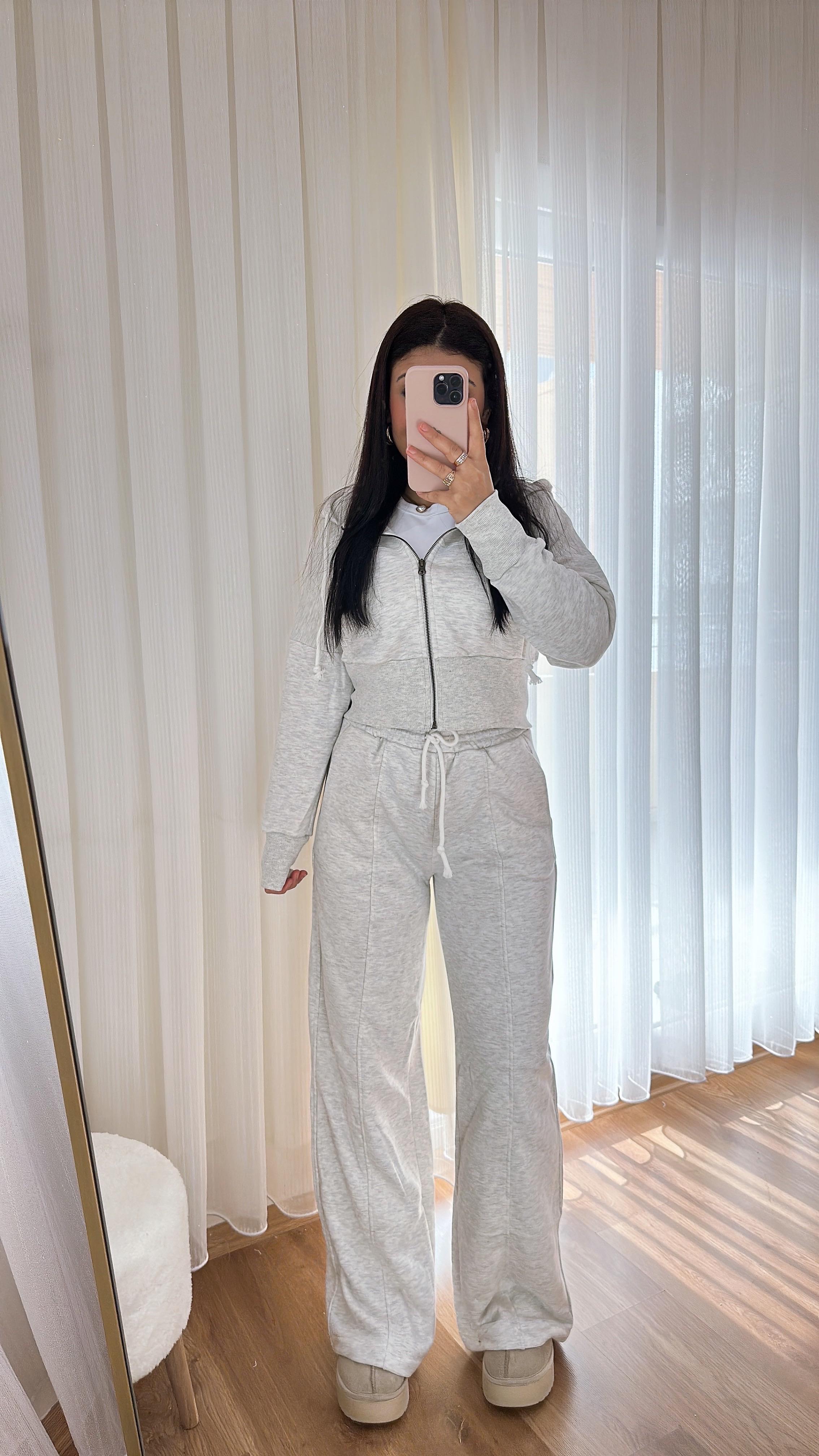 Lace Kapüşonlu Gri Eşofman Takım