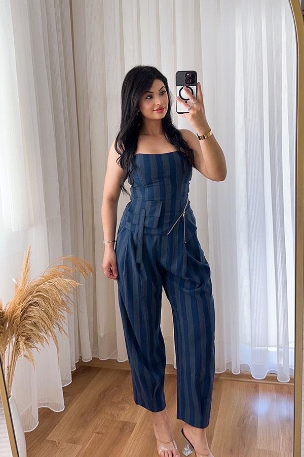 Lacivert Çizgili Tasarım Slouchy Pantolon