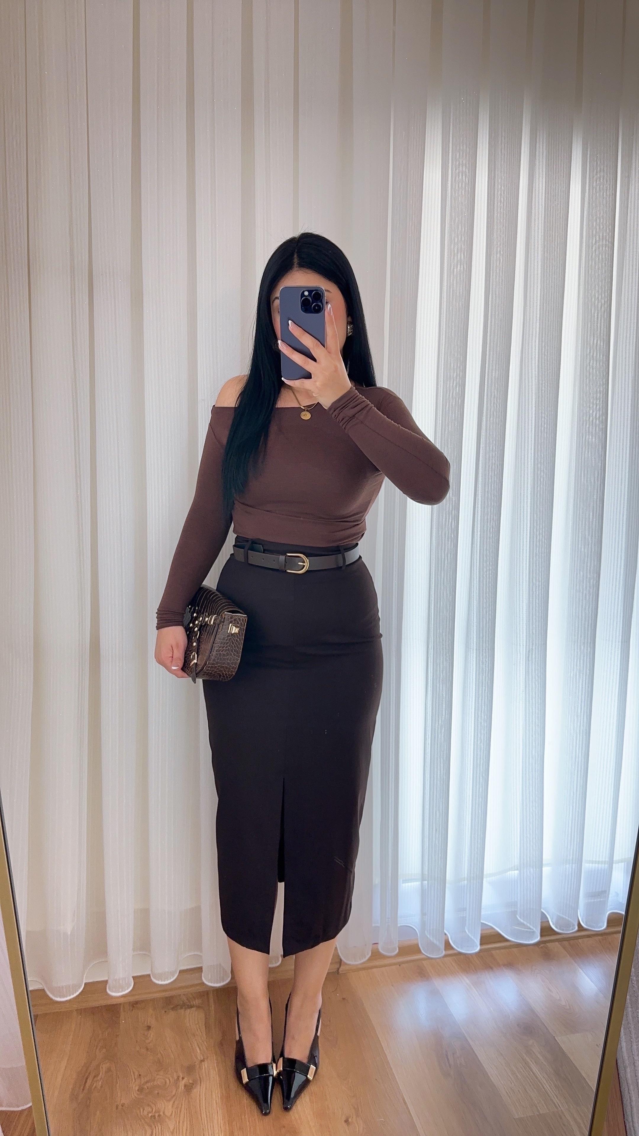 Matilda Ön Yırtmaç Detaylı Kalem Etek - Kahve
