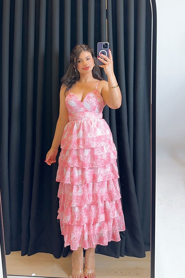 Pembe Çiçekli Kat Kat Elbise