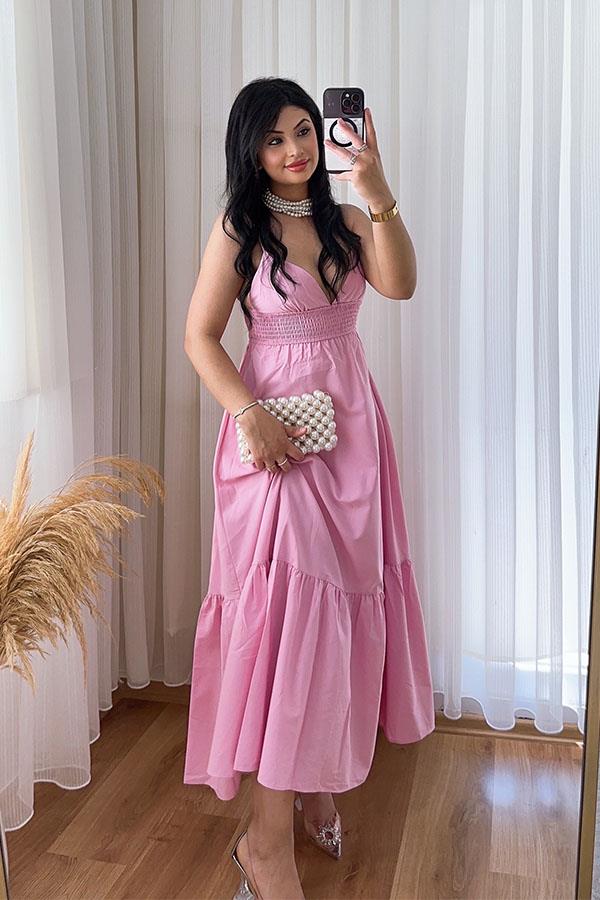 Pembe Sırt Dekolteli Astarlı Elbise