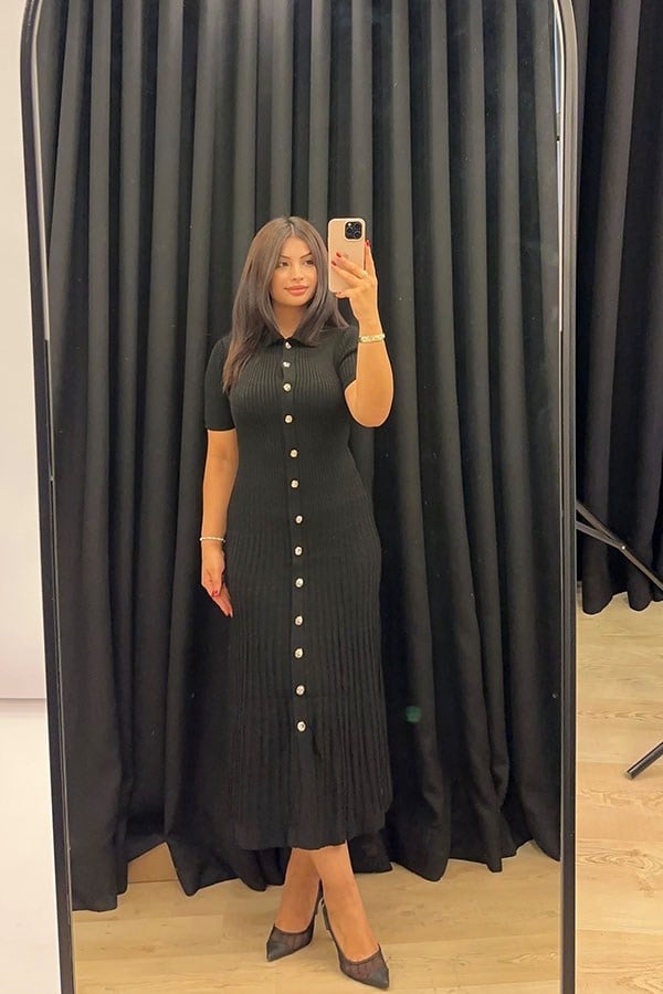 Polo Yaka Düğmeli Triko Midi Elbise