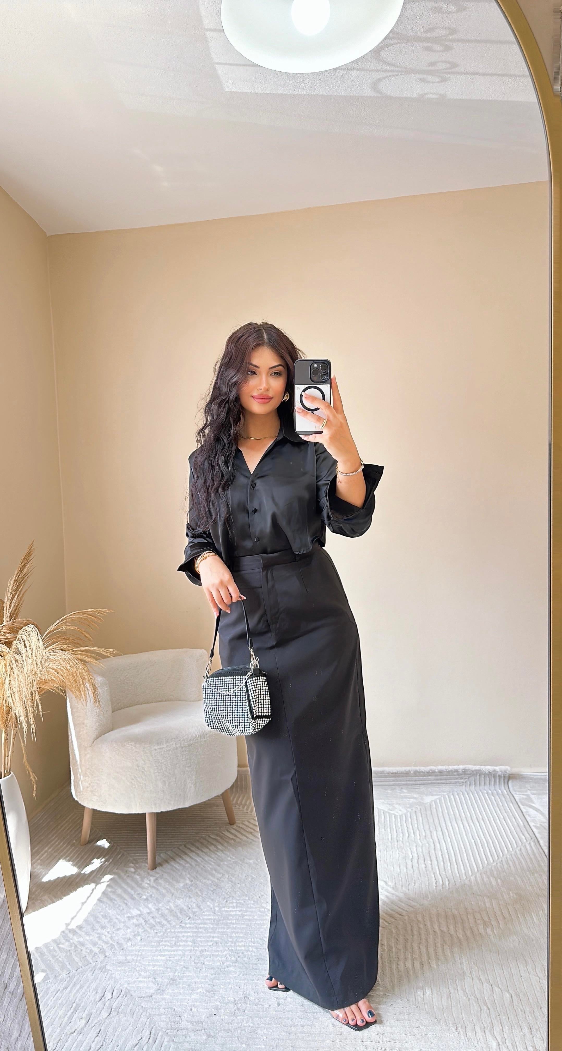 Selina Saten Crop Gömlek - Siyah
