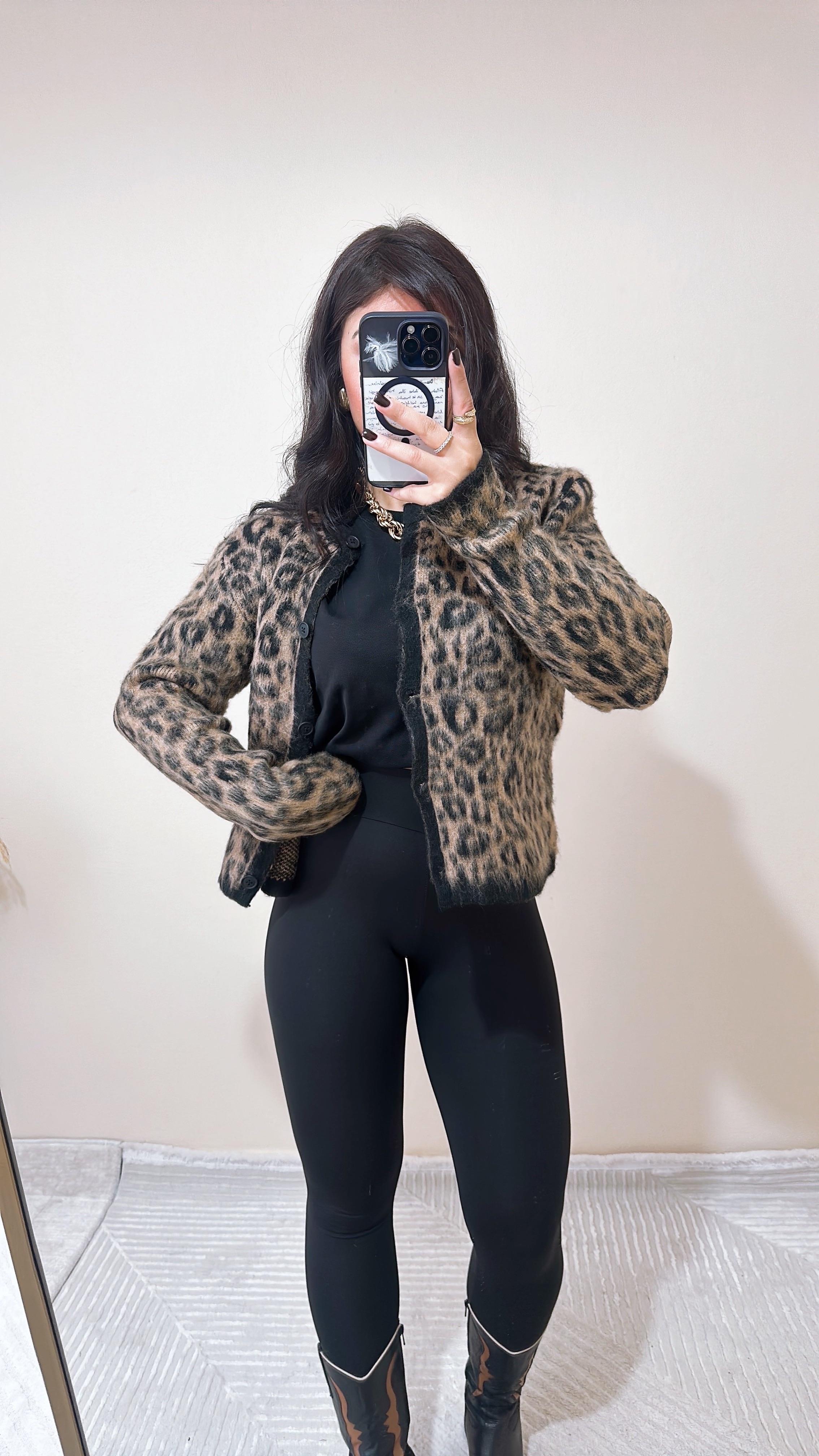 Shina Kahve Leopar Desen Hırka